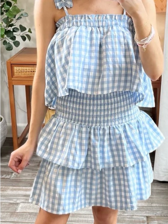 Preppy Andree By Unit Blue And White Check Ruffled Strap Mini Dress . Nwt!!